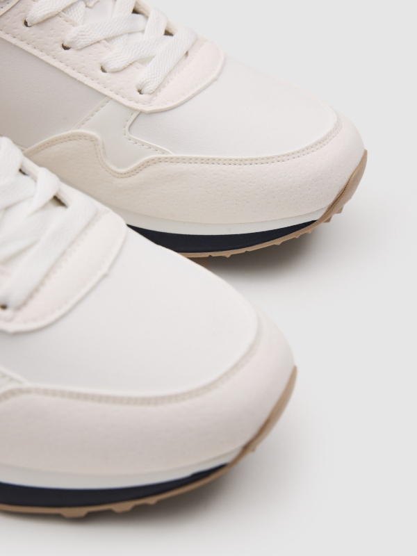 Esportivas nylon sola borracha efeito couro branco vista detalhe