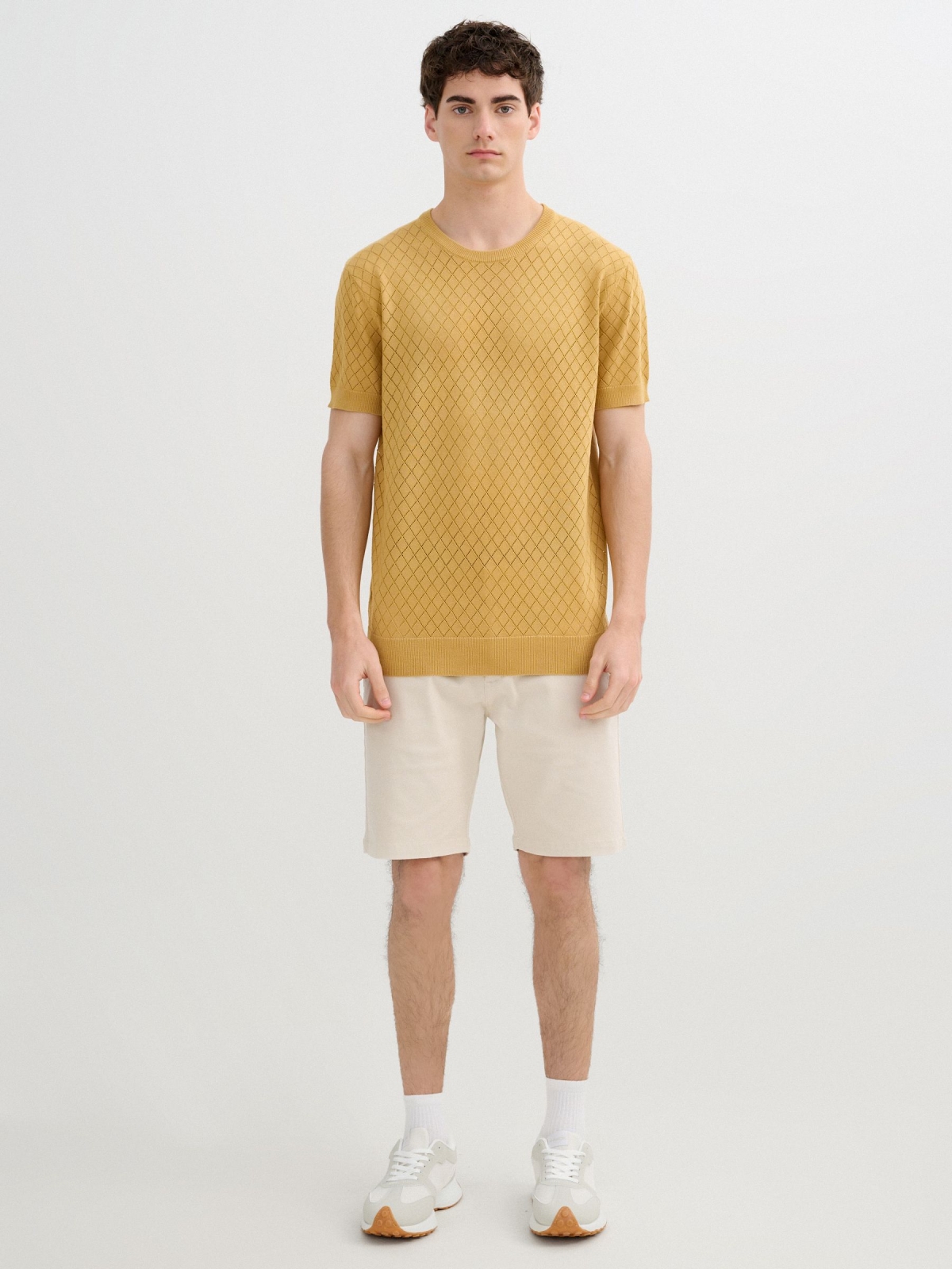Round neck knit t-shirt brown front view