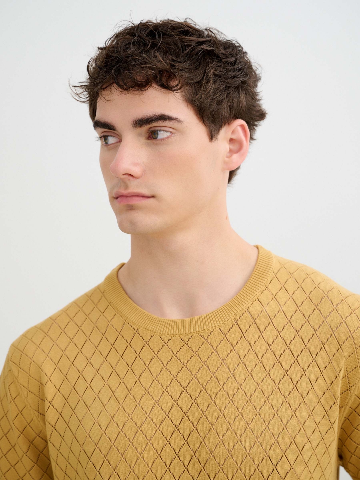 Camiseta de malha gola redonda marrom vista detalhe