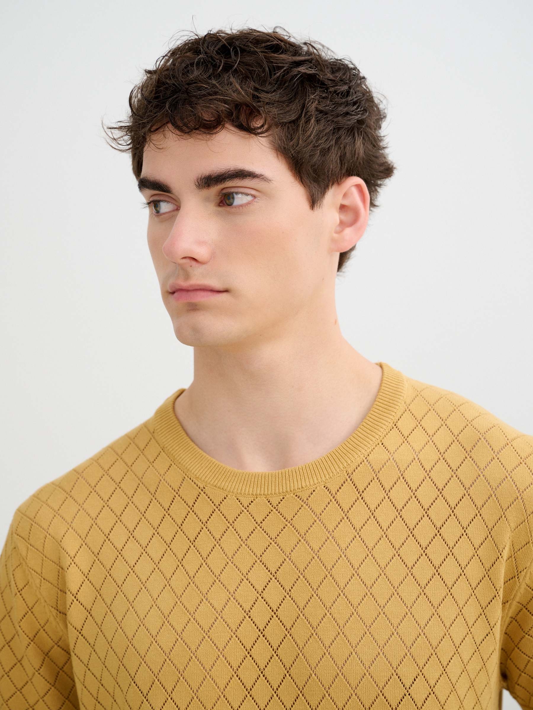 Camiseta de malha gola redonda marrom vista meia frontal