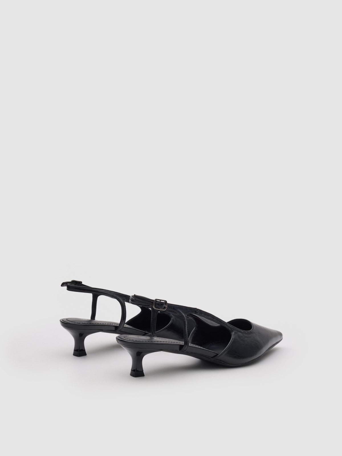 Kitten heel strap sandal black 45º back view
