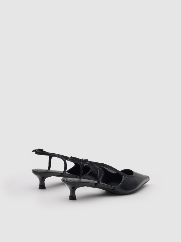 Kitten heel strap sandal black 45º back view