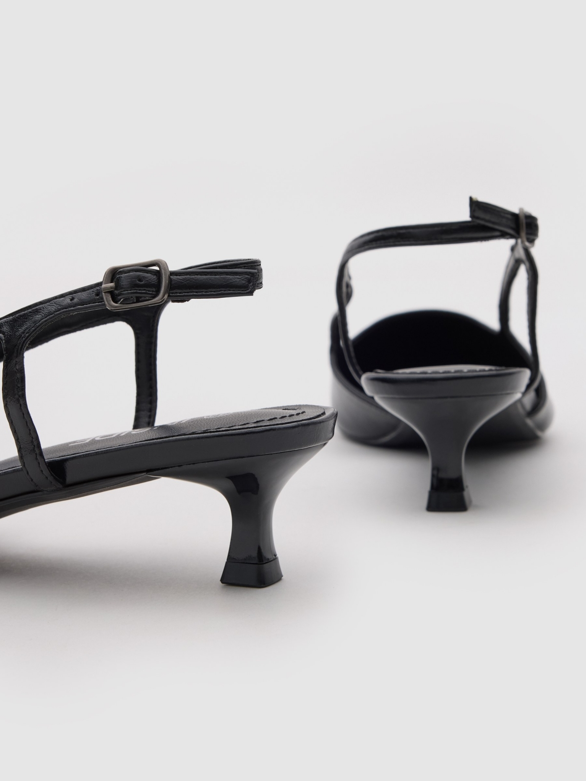 Kitten heel strap sandal black detail view
