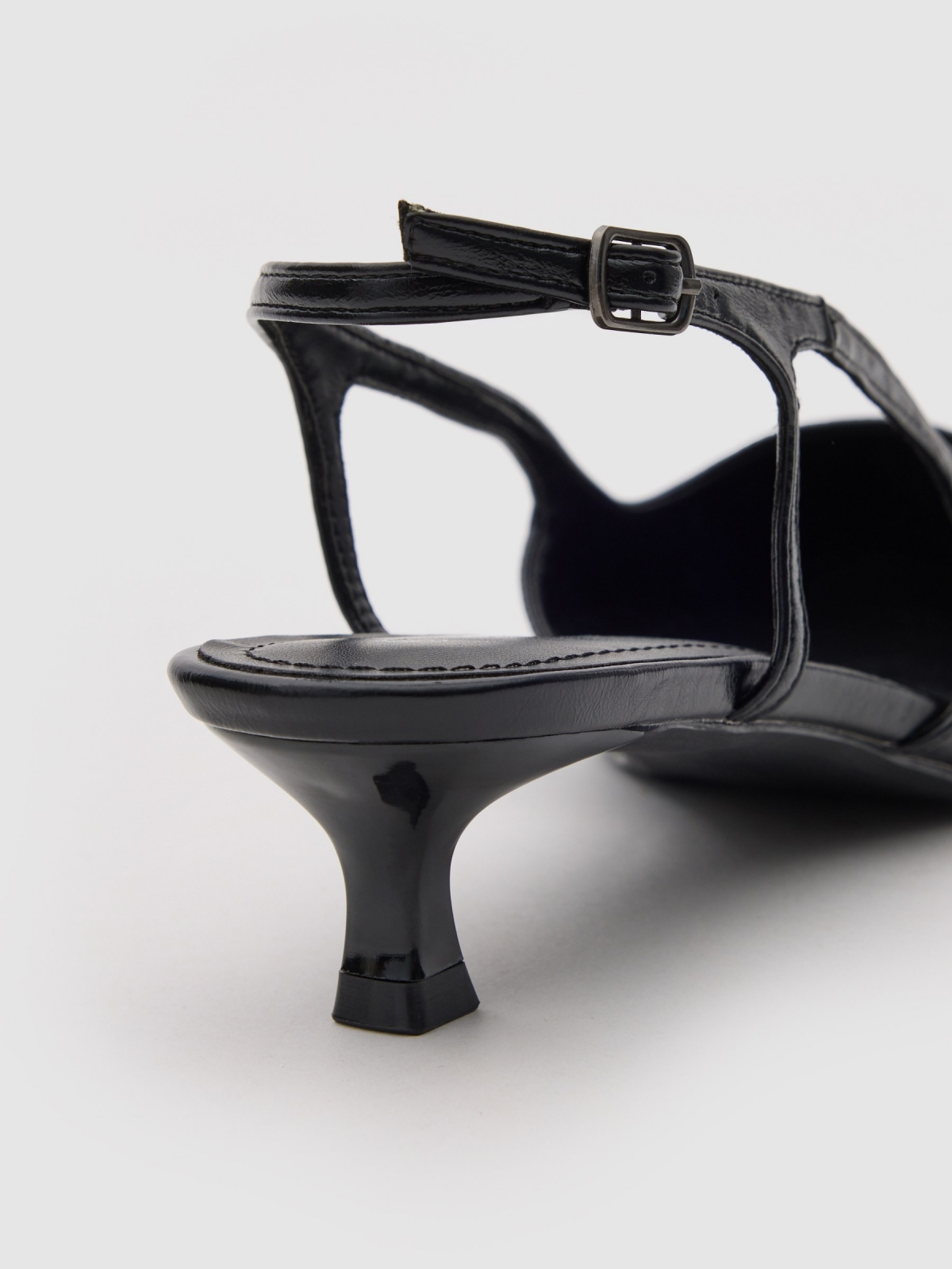 Kitten heel strap sandal black detail view