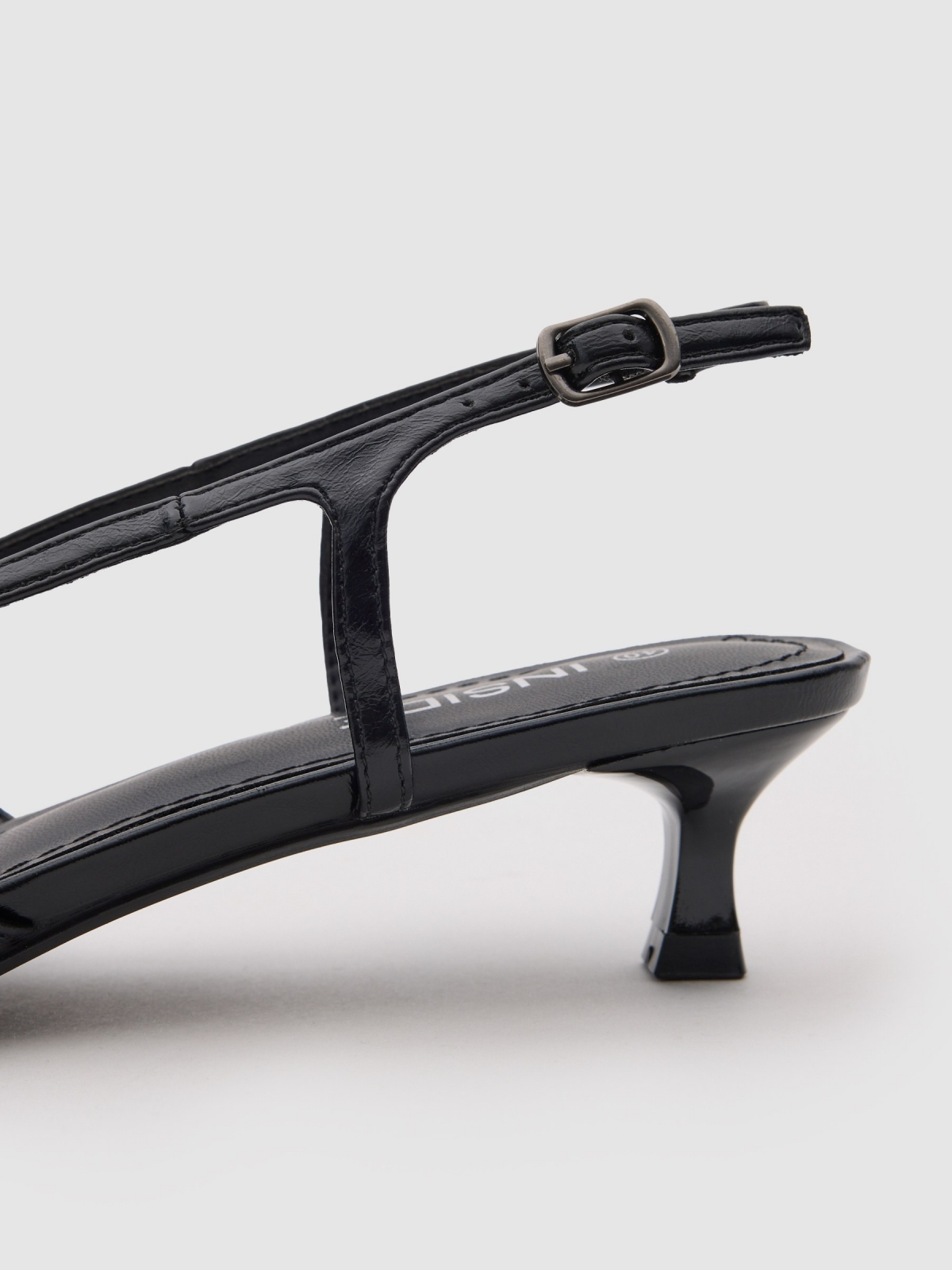 Kitten heel strap sandal black detail view