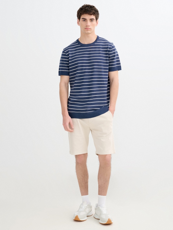 Striped knit fabric t-shirt petrol blue front view
