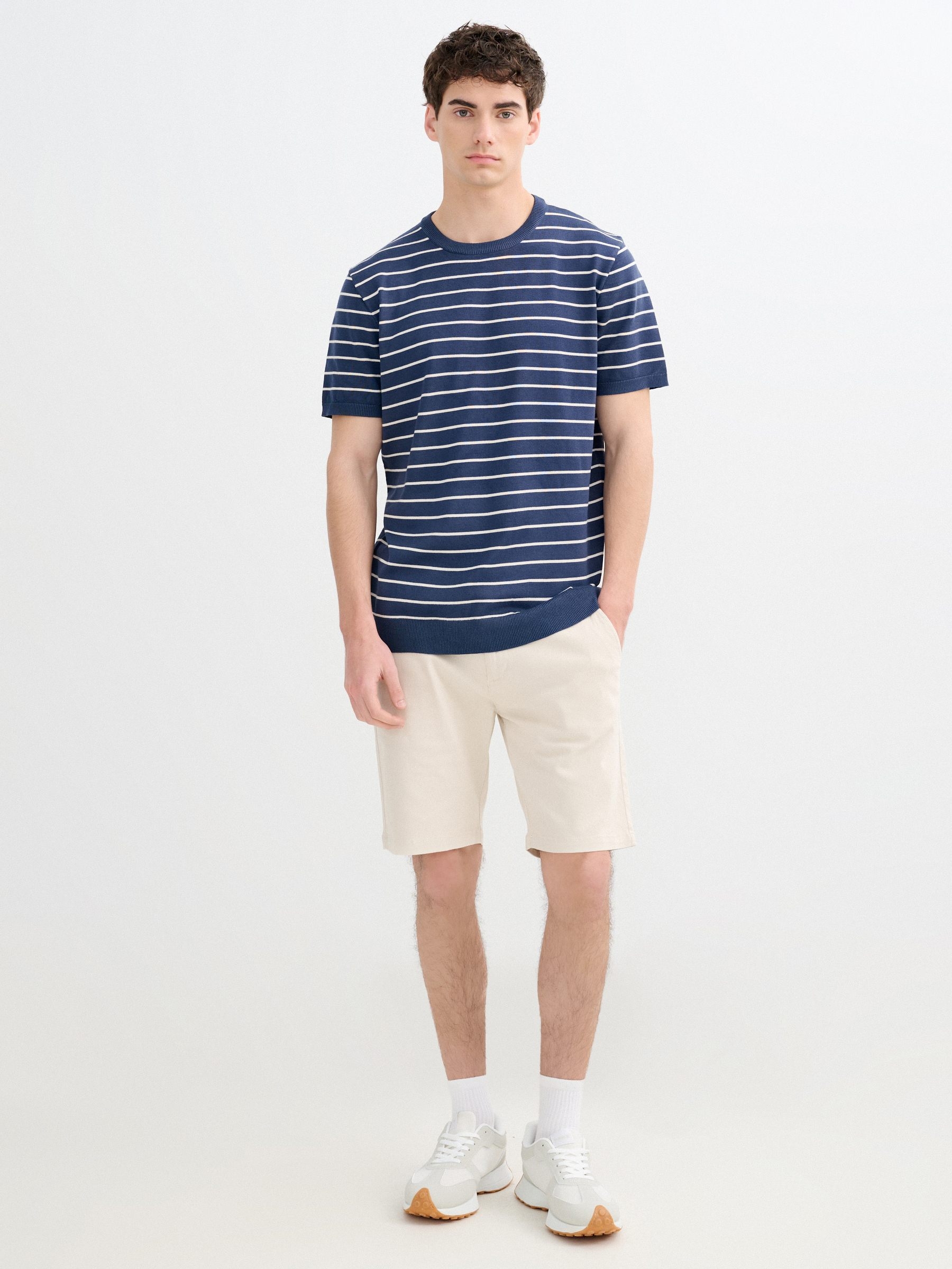 Striped knit fabric t-shirt petrol blue middle front view