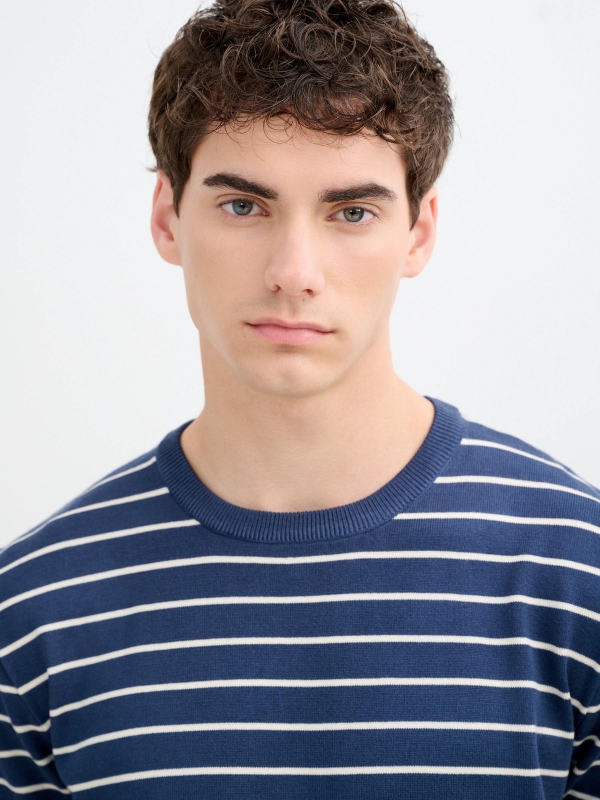 Striped knit fabric t-shirt petrol blue detail view