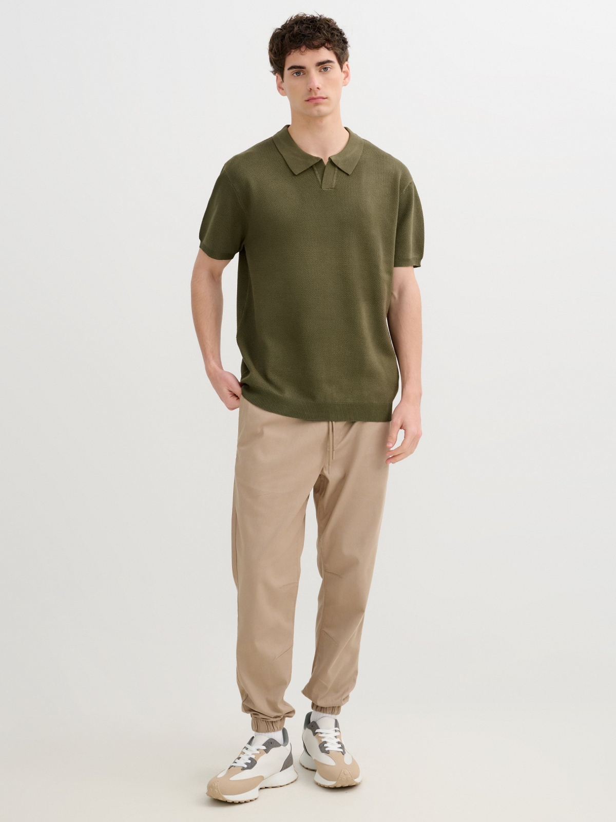 Basic knit polo green front view