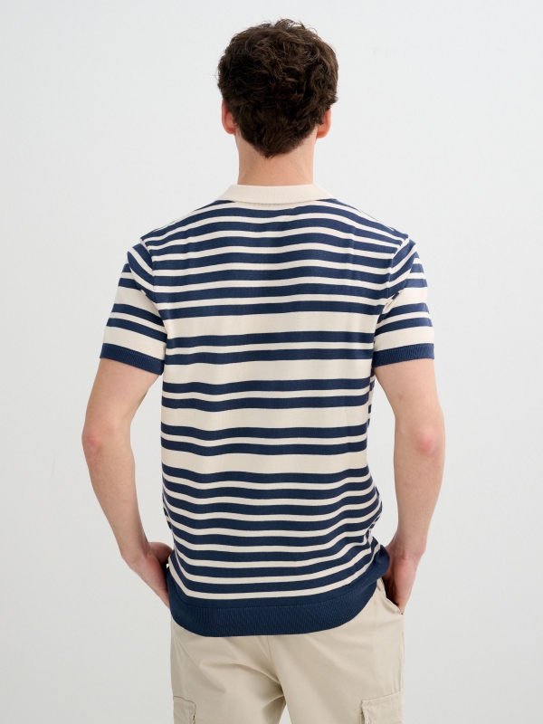 Sailor stripe polo in knit petrol blue middle back view