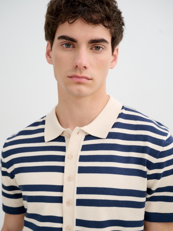 Sailor stripe polo in knit petrol blue detail view