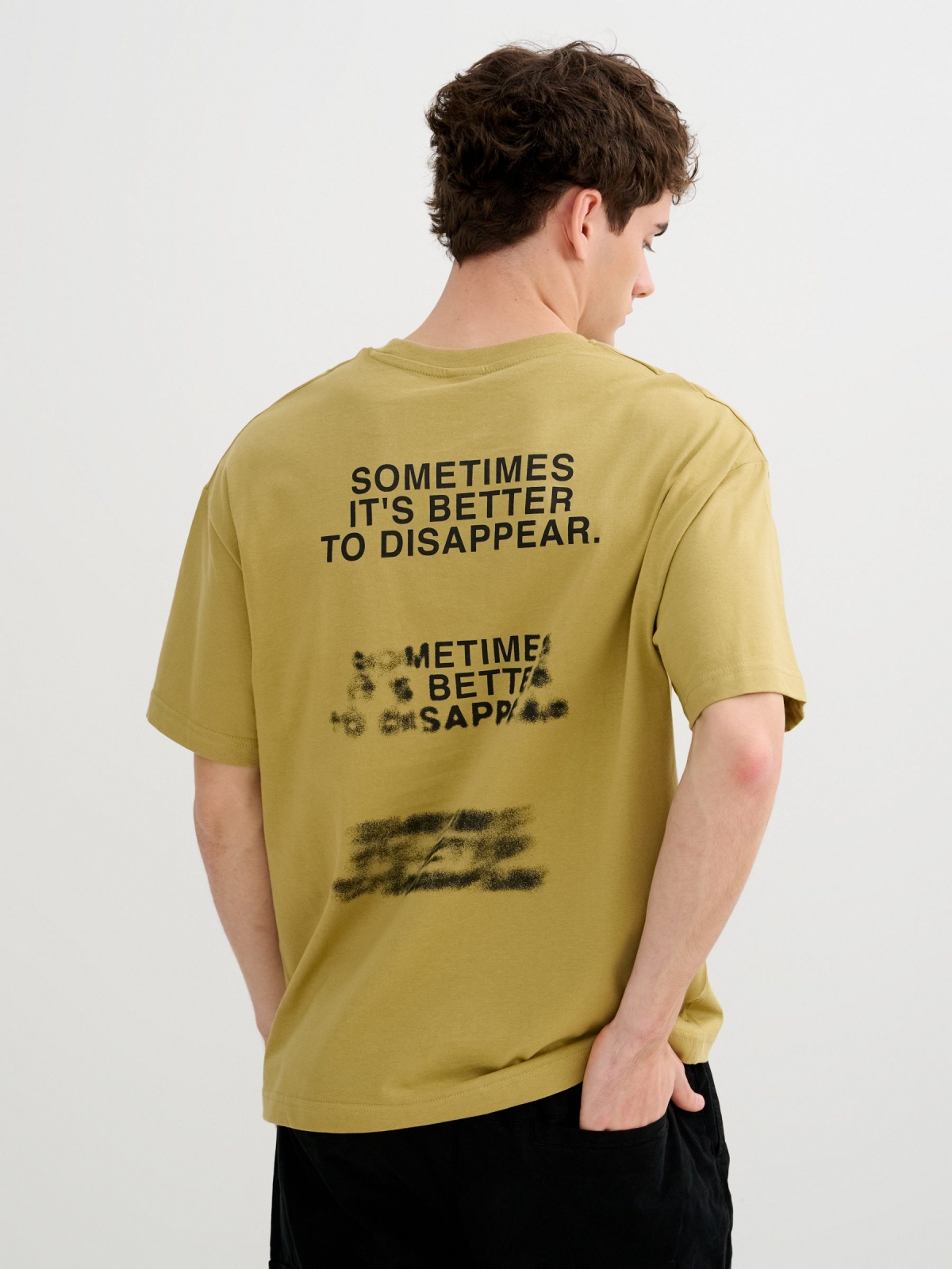 Short sleeve text t-shirt ochre middle back view