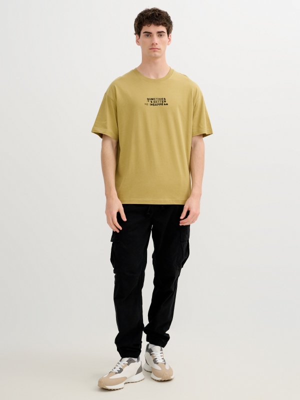 Short sleeve text t-shirt ochre front view