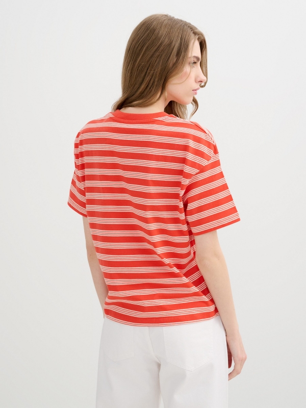 Oversize cotton striped t-shirt coral middle back view