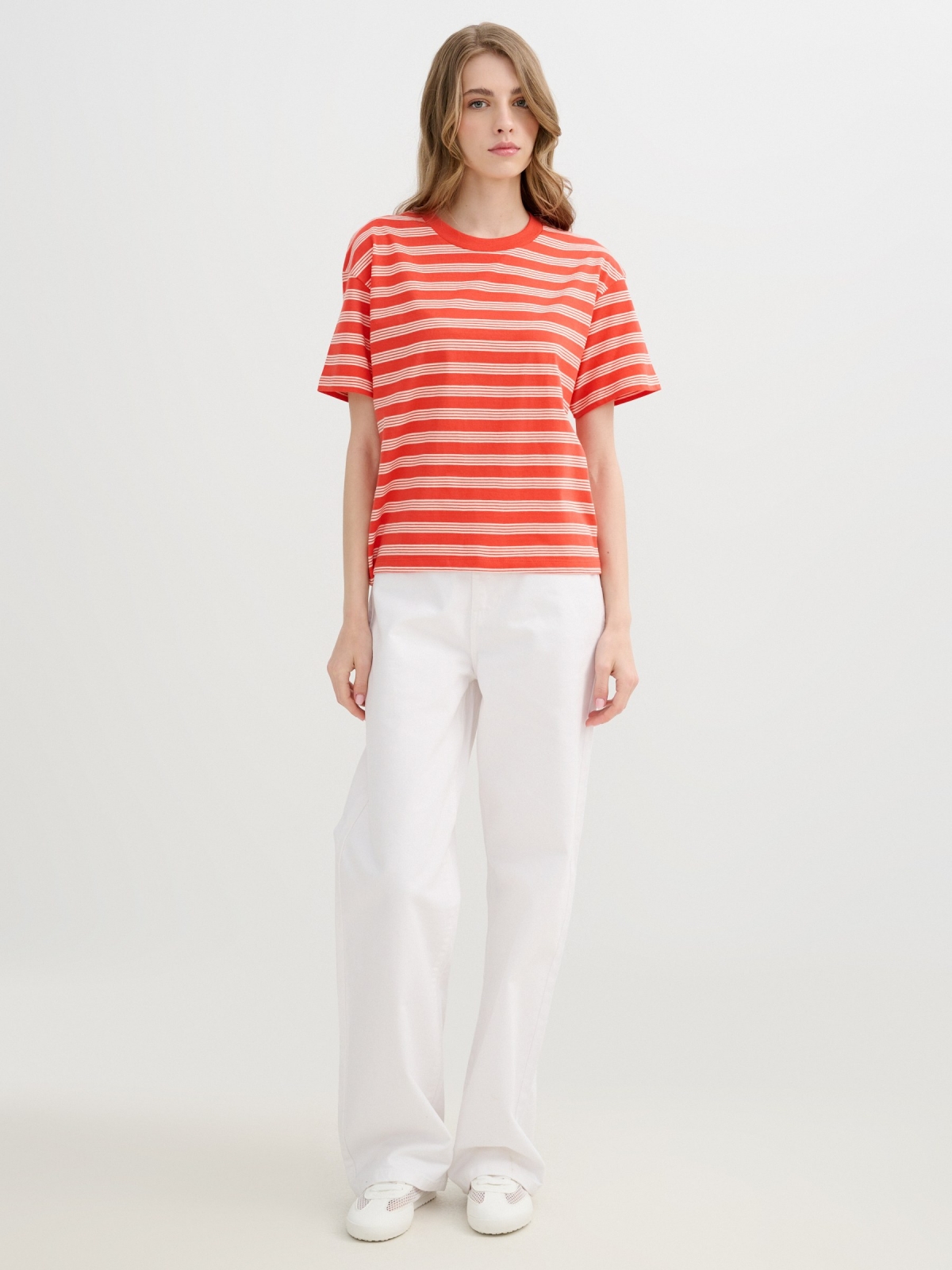 Oversize cotton striped t-shirt coral front view