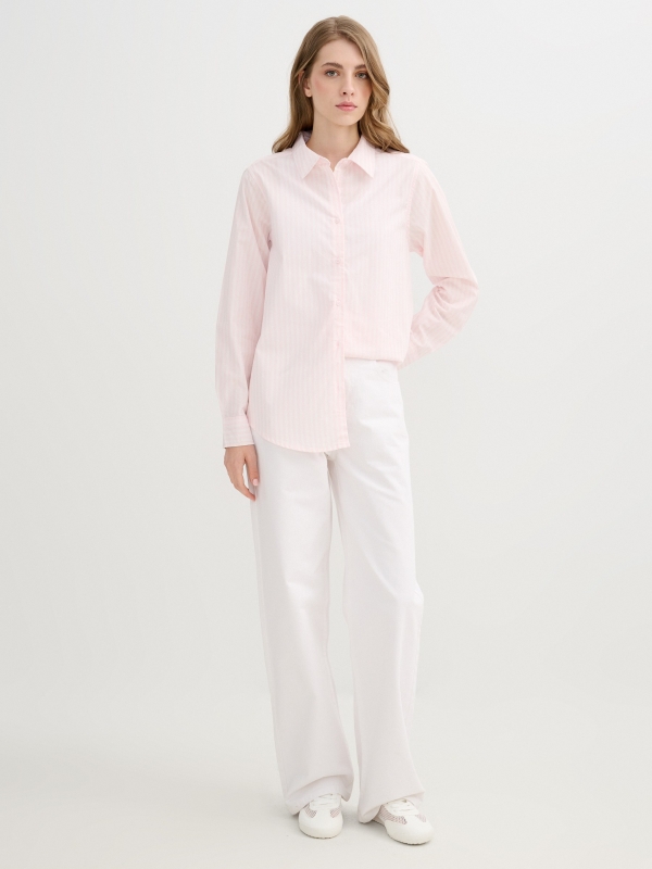 Long sleeve striped poplin shirt light pink front view