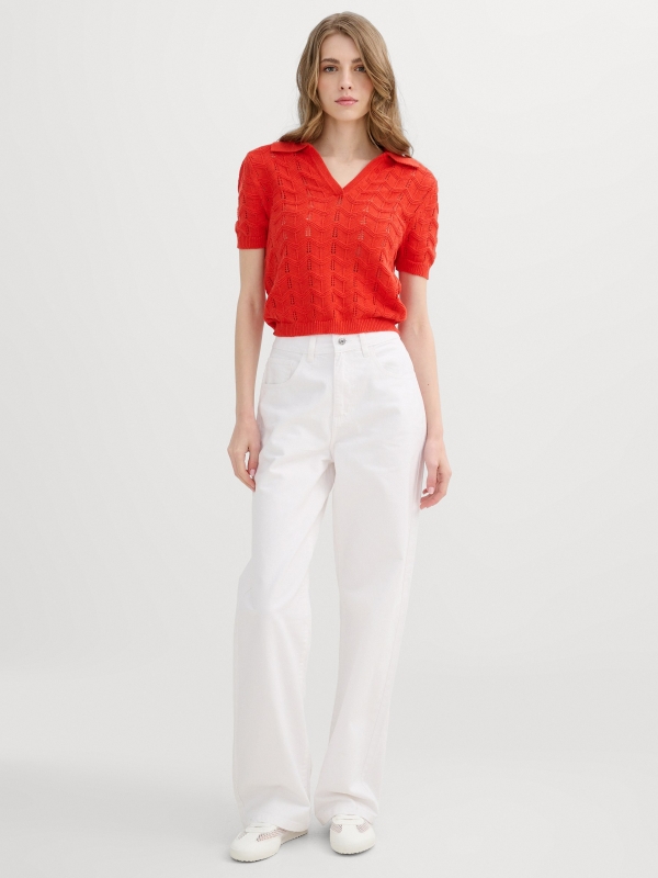 Jersey gola polo tranças coral vista geral frontal