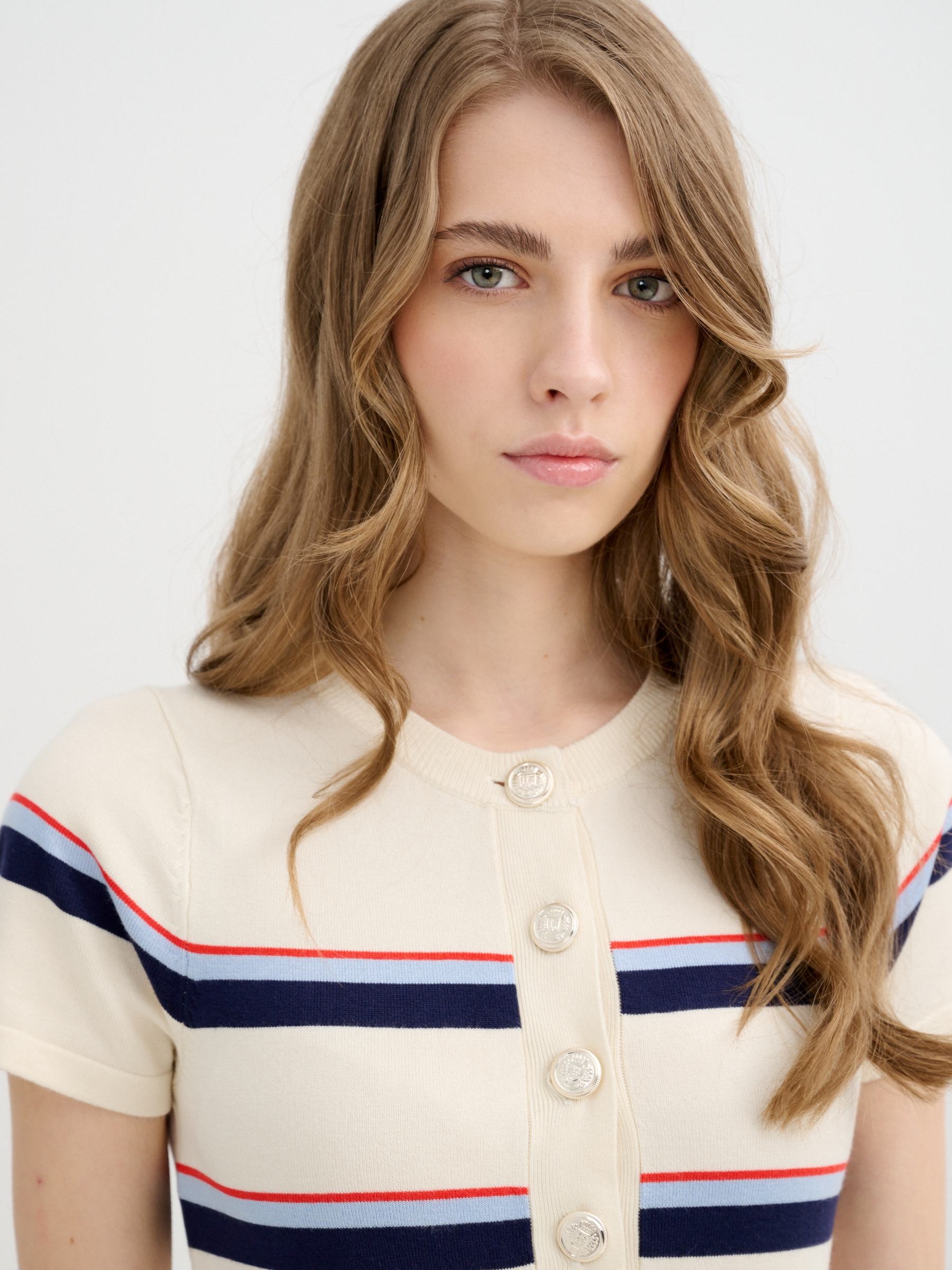 Vestido mini listras malha off white vista meia frontal