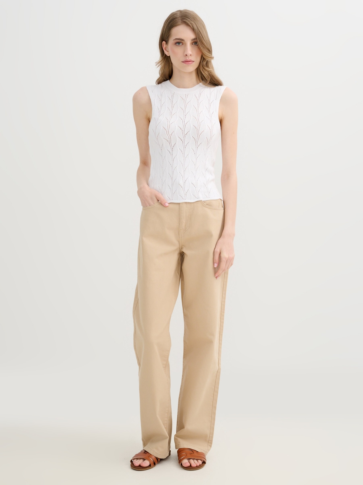 Sleeveless knit top with openwork white front view