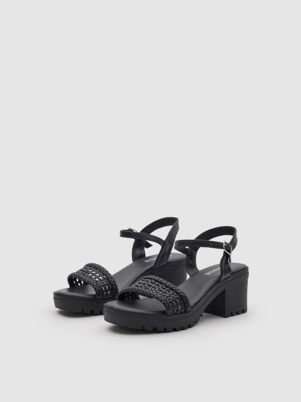 Platform sandal with straps black 45º front view
