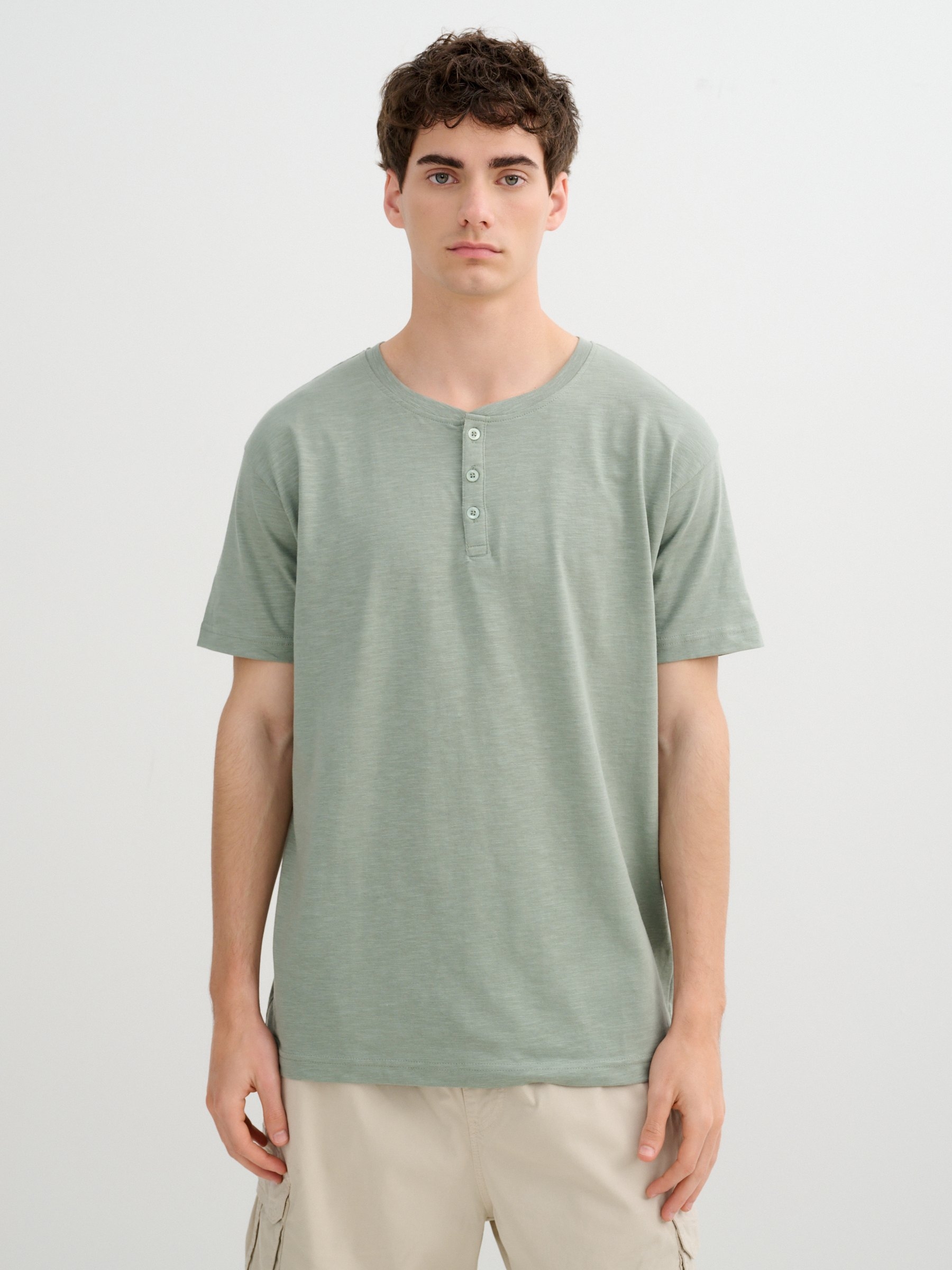 Flame t-shirt with henley collar green middle front view