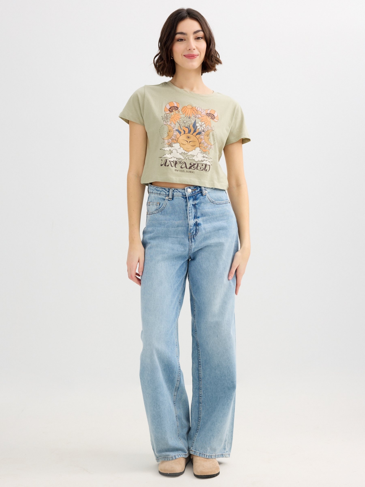 Cosmic Sun T-shirt greyish green front view