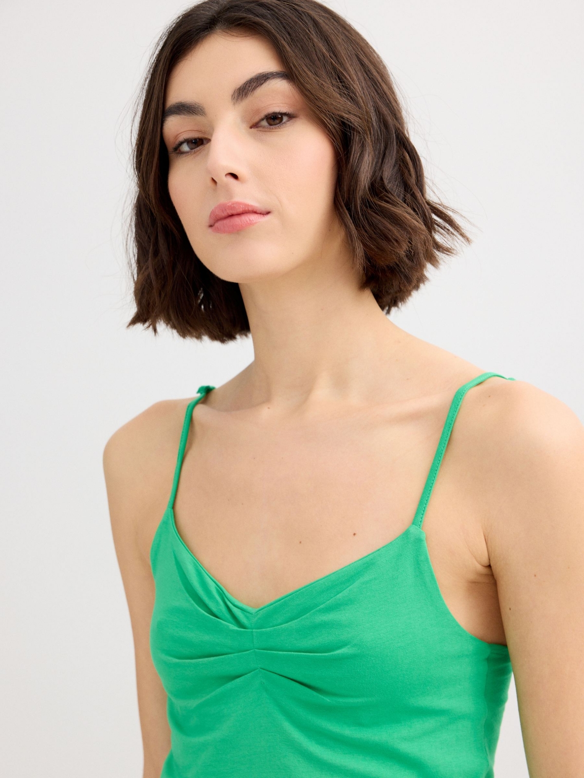 Ruched sweetheart neckline tank top green detail view