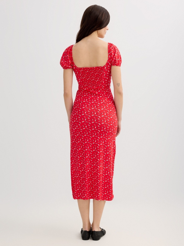 Vestido midi flores escote corazón rojo intenso vista media trasera