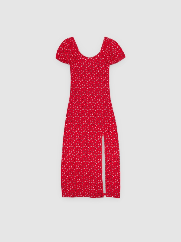  Vestido midi flores escote corazón rojo intenso vista frontal