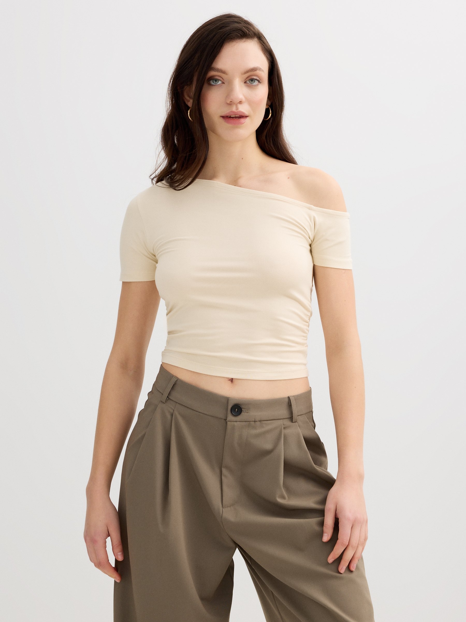 Ruched asymmetrical shirt sand middle front view