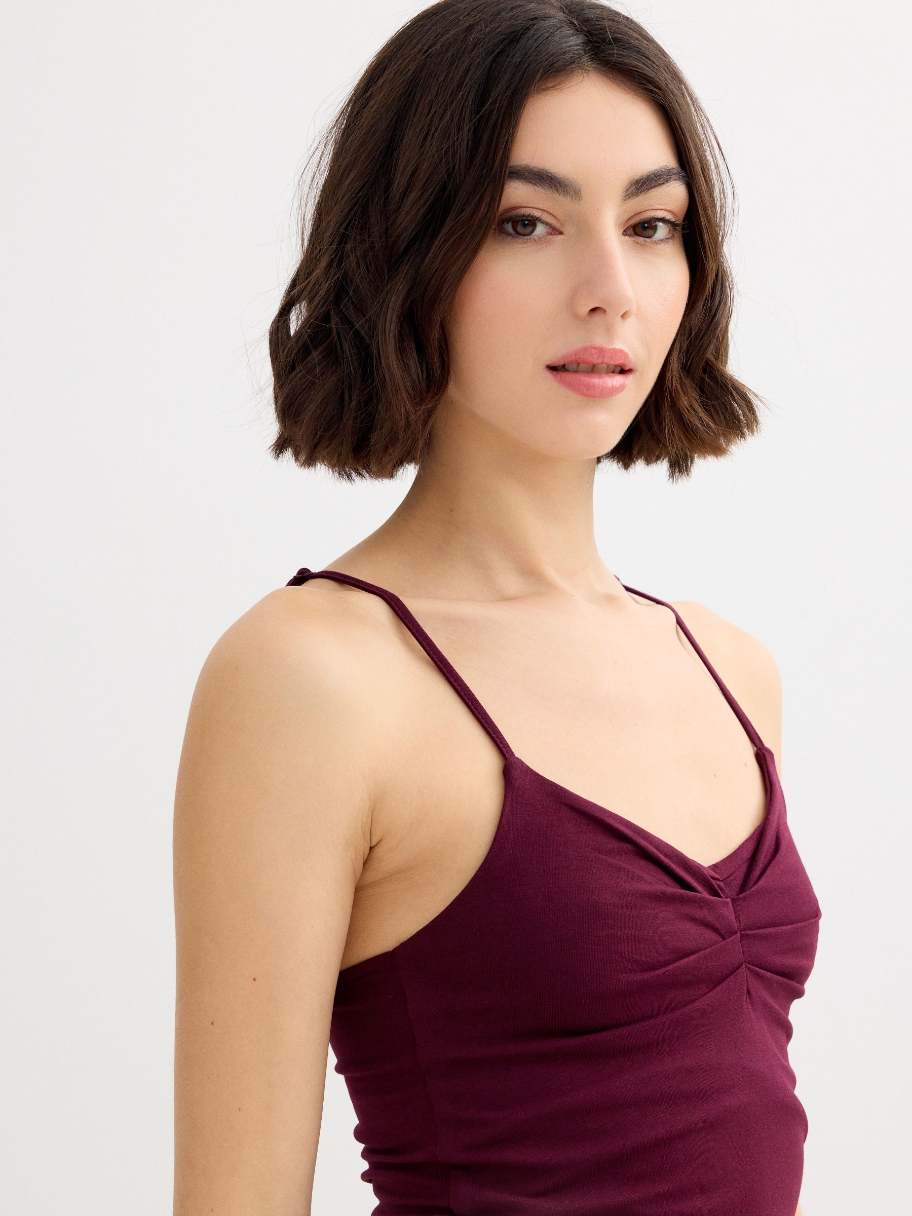 Ruched sweetheart neckline tank top orange middle front view