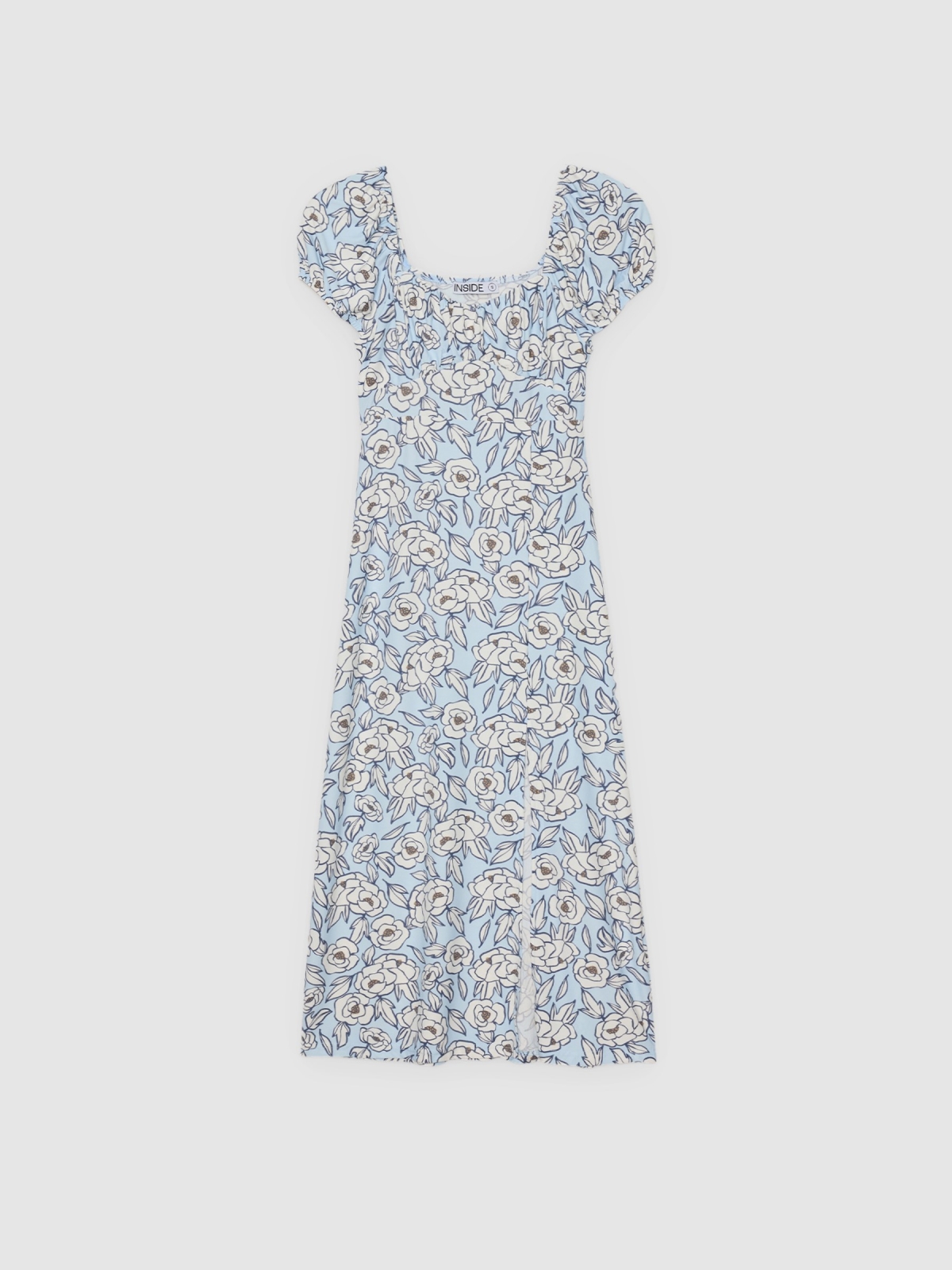 %Pto% Vestido midi floral com abertura azul claro vista frontal