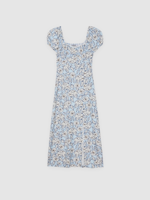  Vestido midi floral com abertura azul claro vista frontal