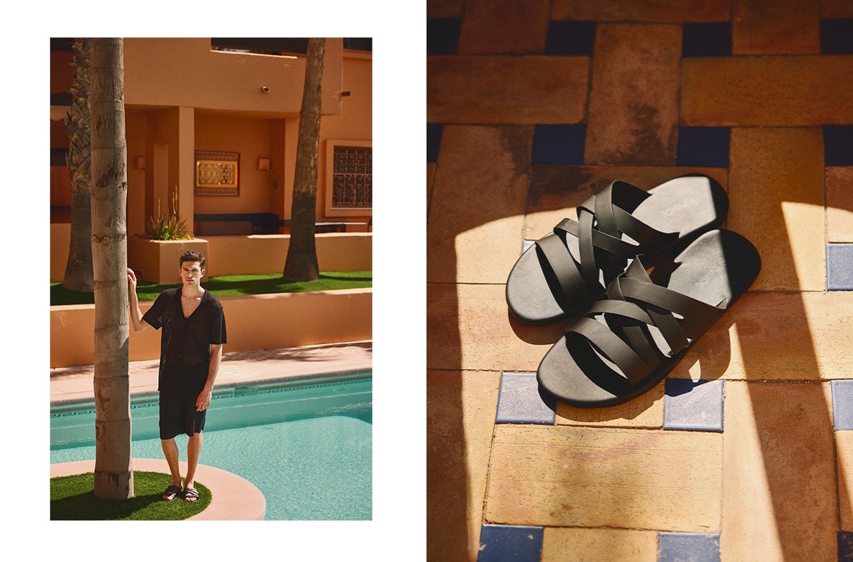 Cross-strap sandals black profile view