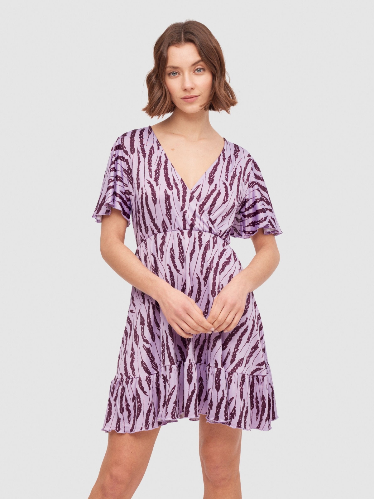 V neck short dress purple middle front view