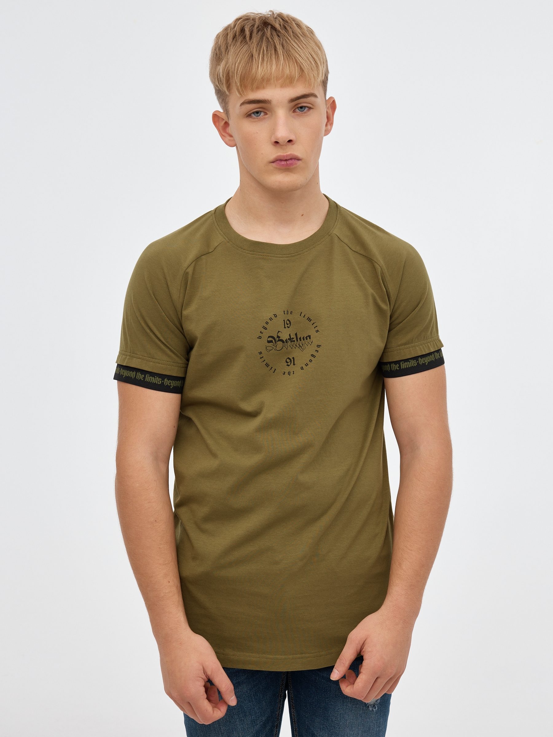 Raglan T-shirt with text detail khaki middle front view