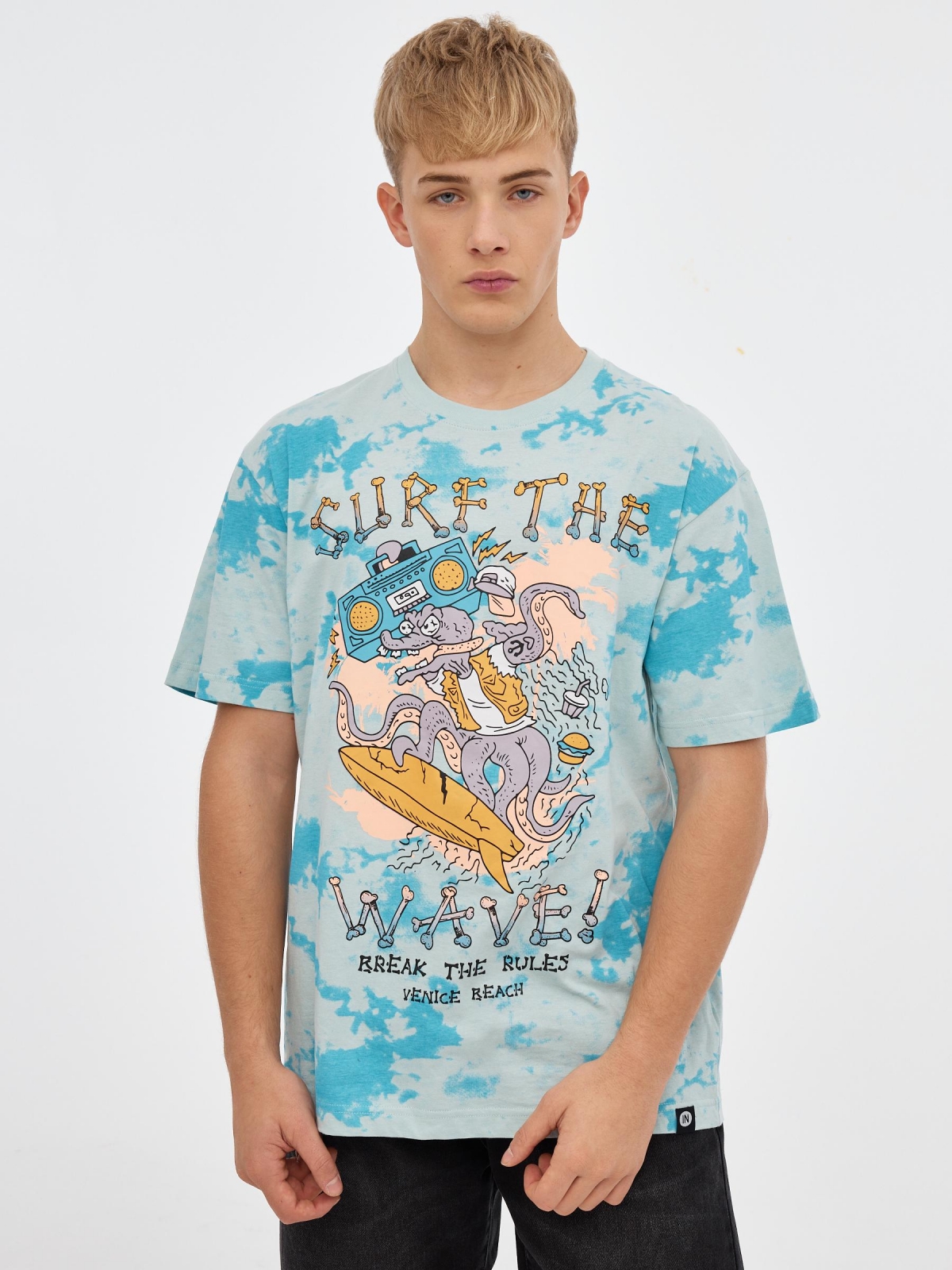 T-shirt Tie dye surf octopus verde vista meia frontal