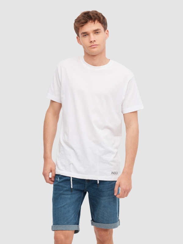 Bermuda denim skinny azul vista meia frontal