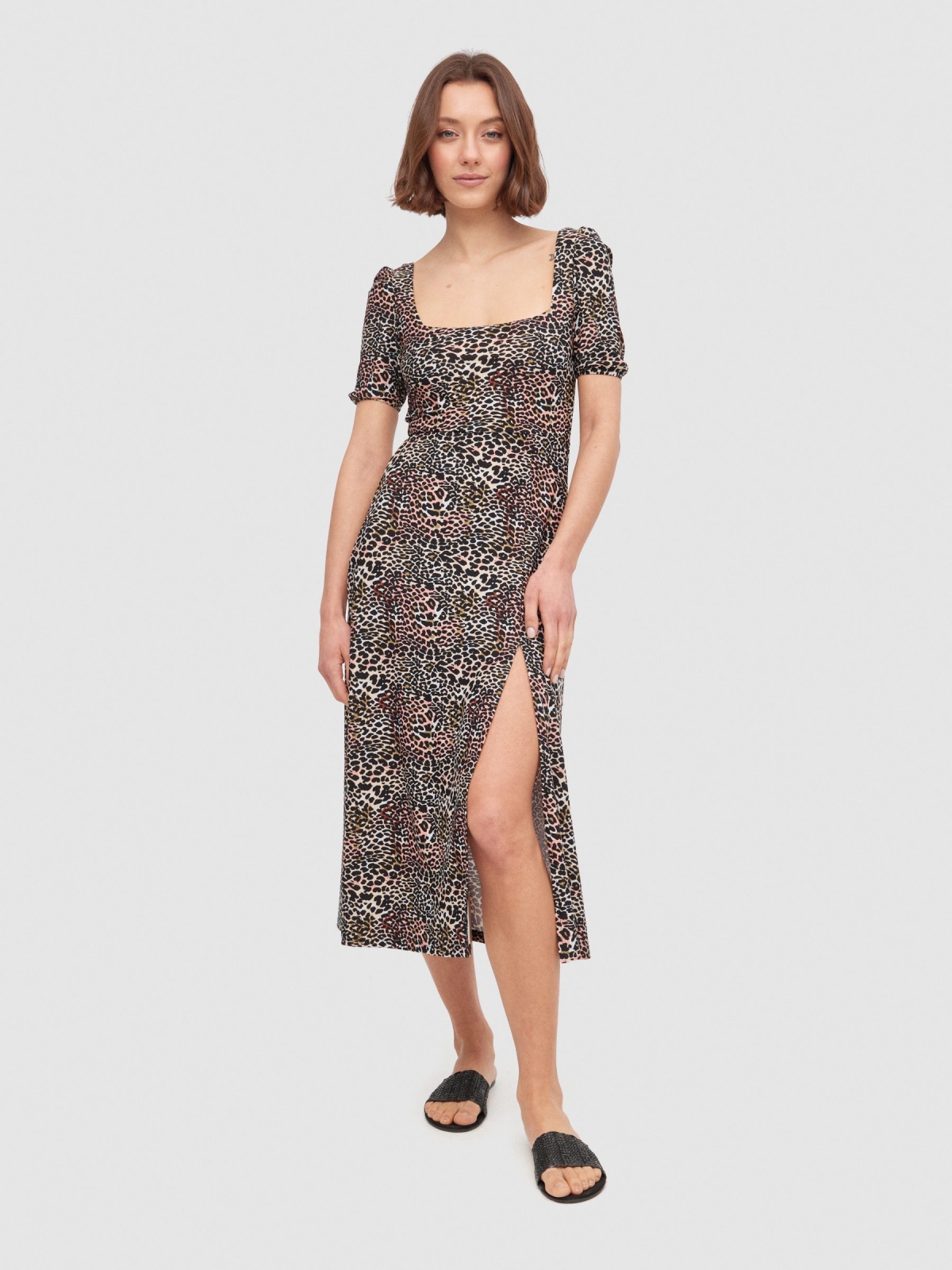 Lace-up back split animal print midi dress multicolor middle front view