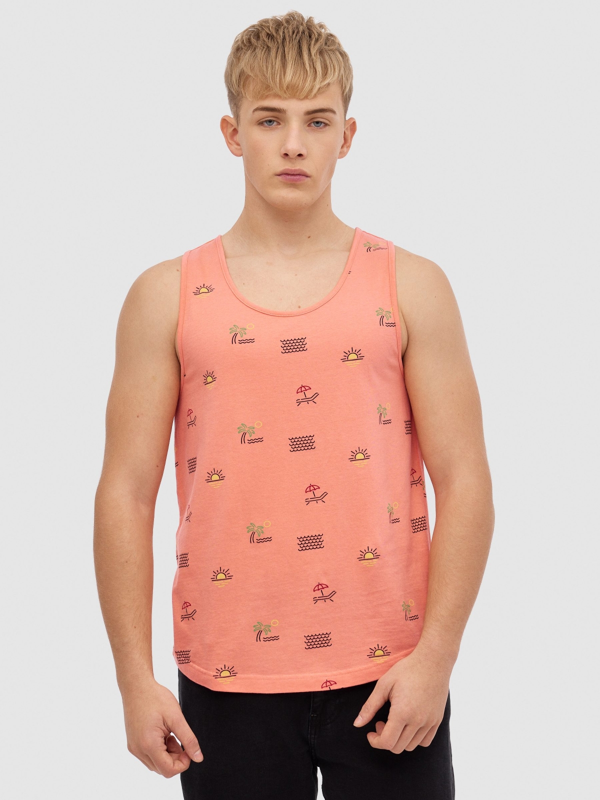 Camiseta de tirantes tropical rosa vista media frontal