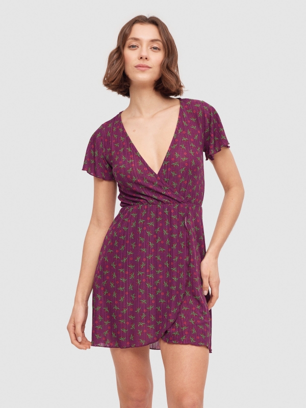 Floral print V-neck mini dress aubergine middle front view