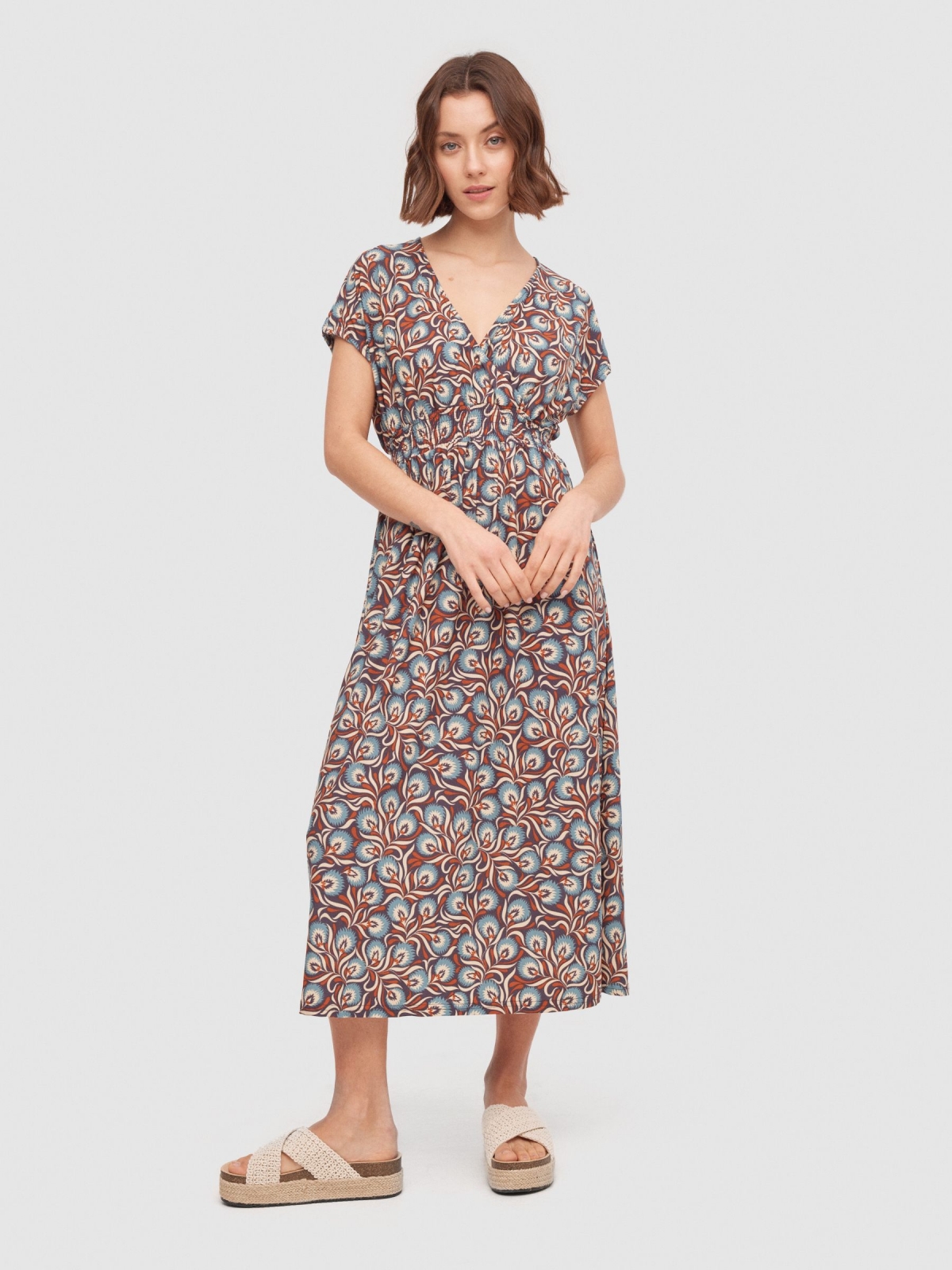 Vestido midi cintura elástica multicolorido vista meia frontal