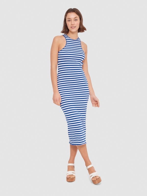 Vestido midi justo com listras azul eléctrico vista meia frontal