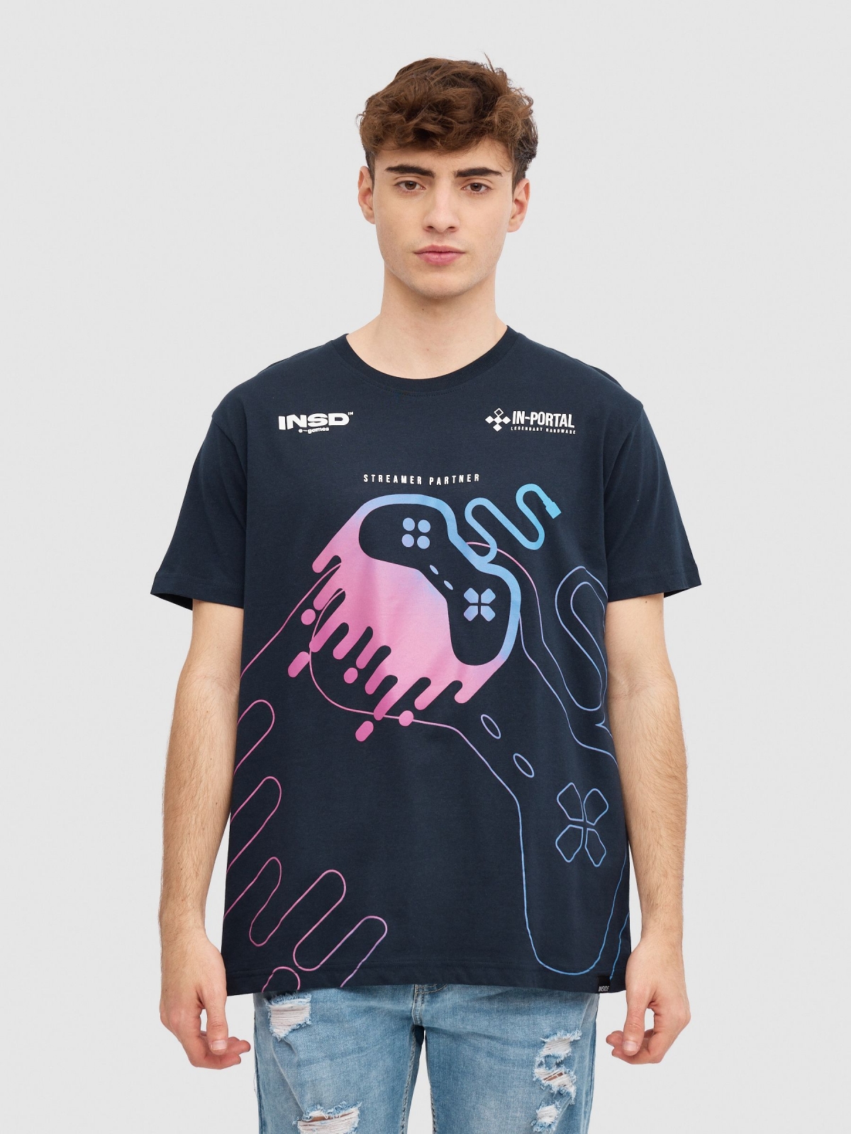 T-shirt Gamer azul marinho vista meia frontal
