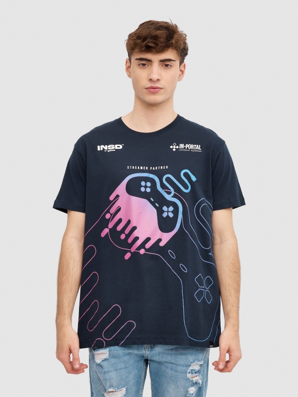 T-shirt Gamer azul marinho vista meia frontal
