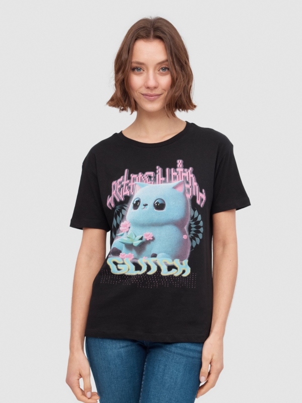 Camiseta oversize gato 3D negro vista media frontal