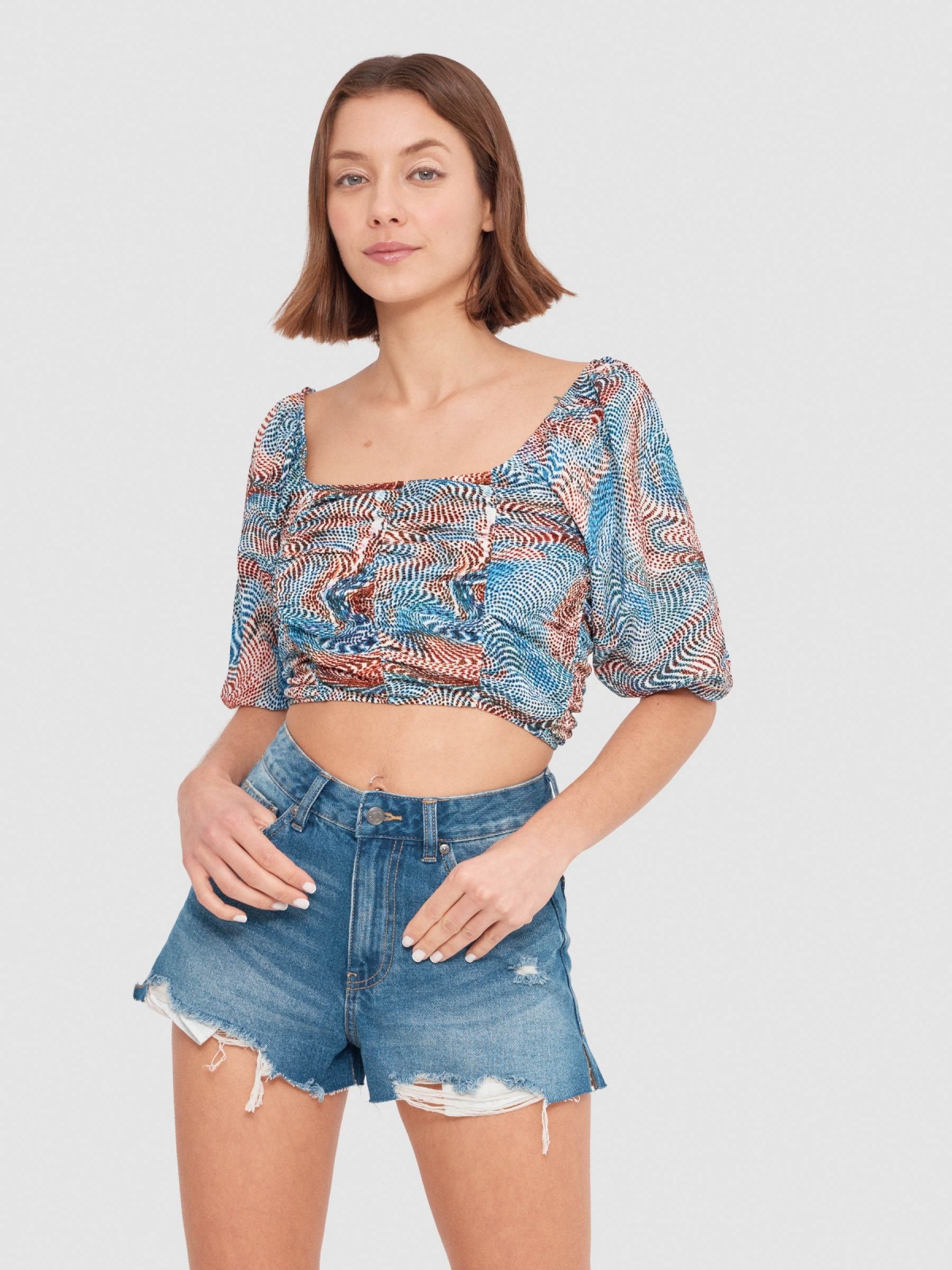 T-shirt Mesonera com mangas bufantes multicolorido vista meia frontal