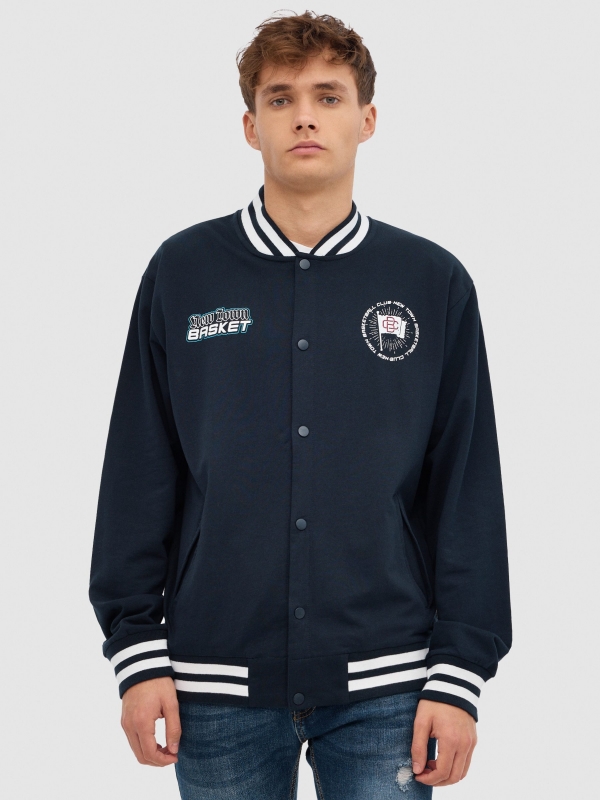 Camisola desportiva aberta azul marinho vista meia frontal