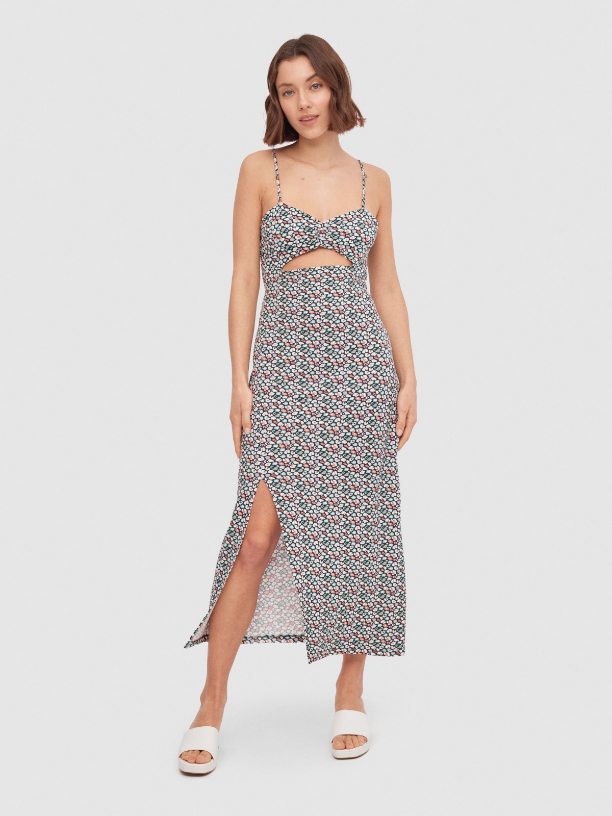 Vestido alças e decote em coração multicolorido vista meia frontal