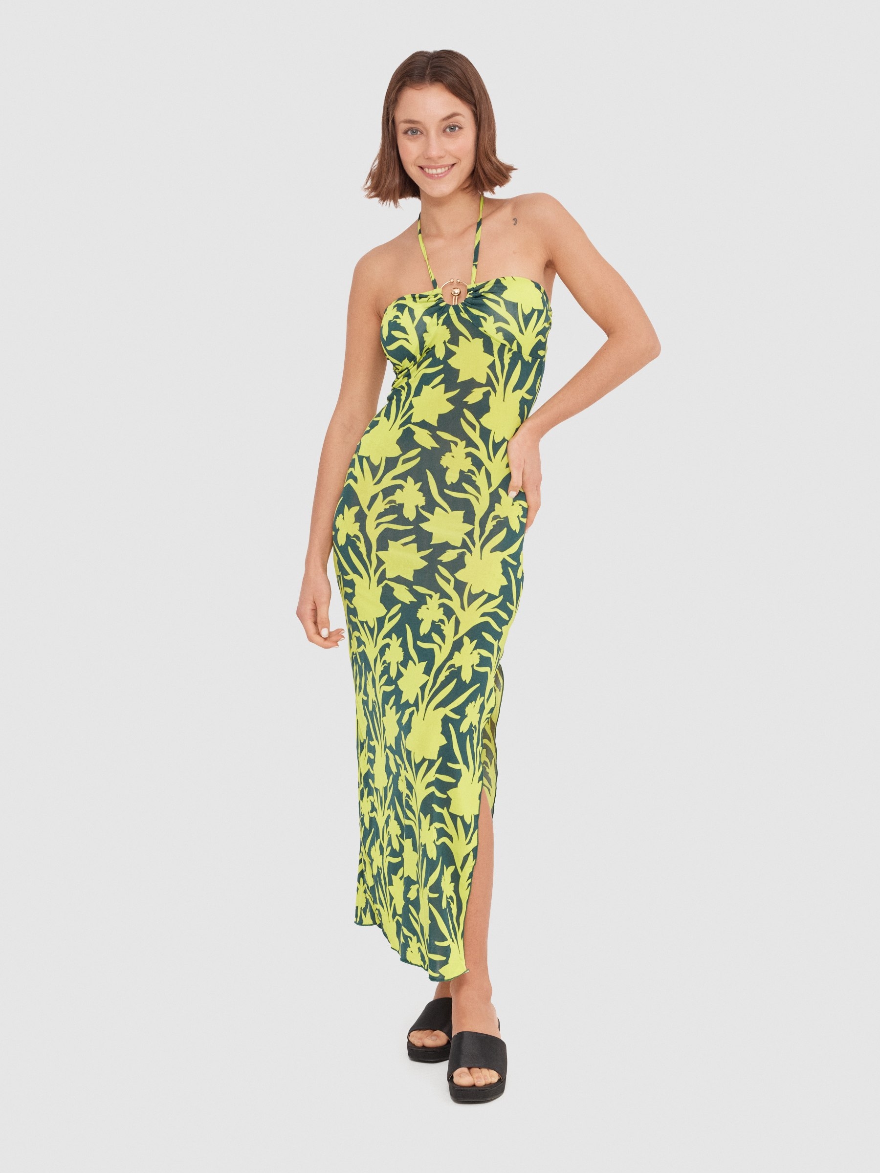 Dress knotted at the neck lime middle front view